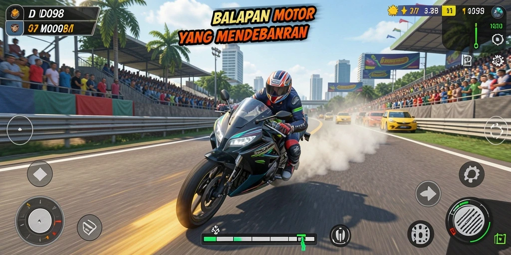 Tampilan gameplay ID098 yang menggembirakan dalam balapan motor.