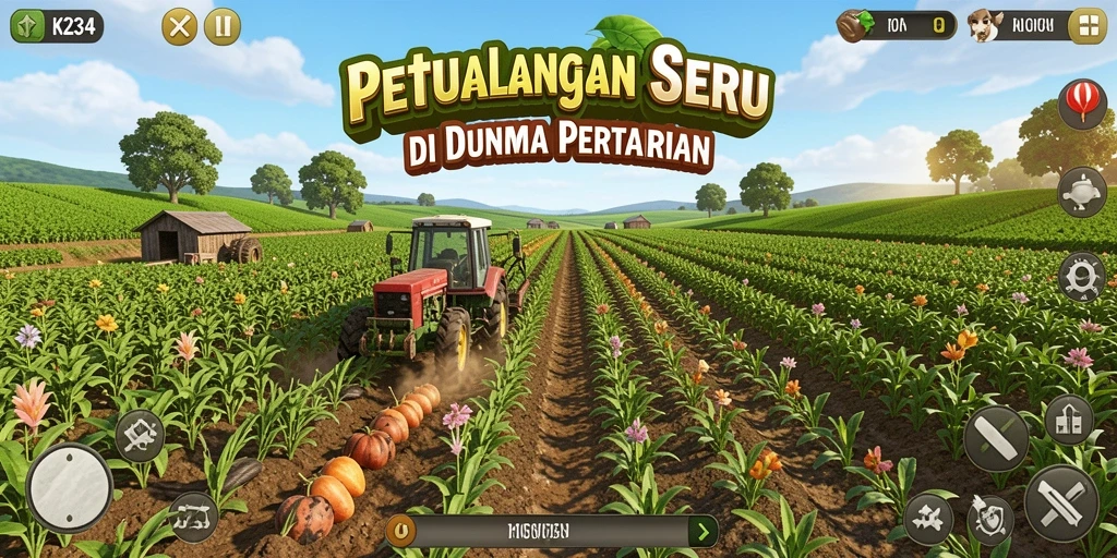 Gameplay K234 menampilkan kebun dan hewan ternak yang menggemaskan.