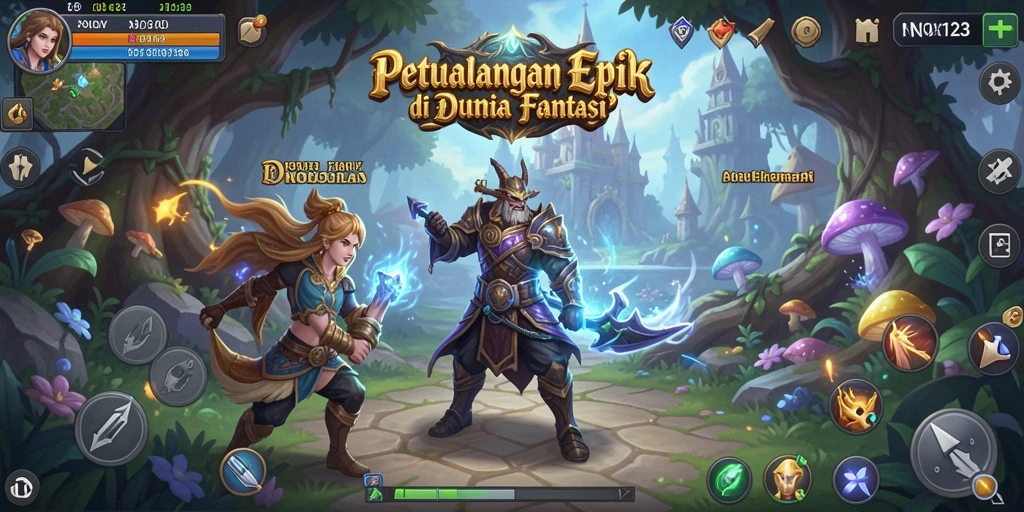 Tangkapan layar di NOX123 menunjukkan pemain menjelajahi hutan lebat dalam petualangan mendebarkan.